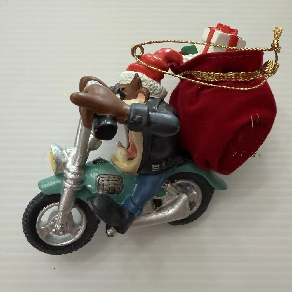 Vintage Looney Tunes Christmas Ornament Taz Riding Motorcycle Biker Holiday